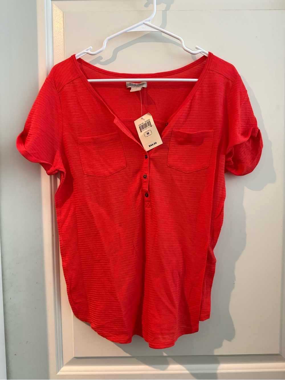 Lucky Brand Red/Coral V-Neck Short Sleeve Button Pocket Top